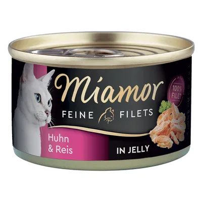 Miamor Feine Filets, kyckling och ris i gelé, 100% filé. Burk med kattmat, vit katt och bild på kycklingfilé.