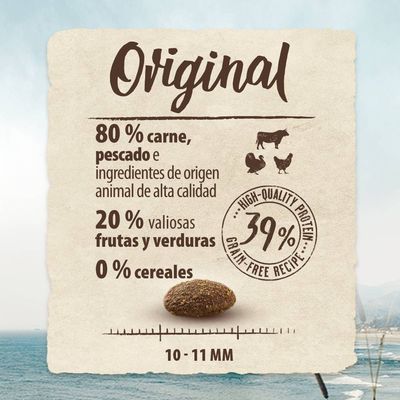Original. 80 % carne, pescado e ingredientes de origen animal de alta calidad, 20 % valiosas frutas y verduras, 0 % cereales. High-quality protein 39 %. Tamaño croqueta: 10–11 mm.