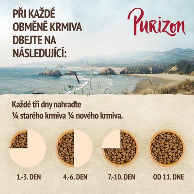 Purizon. Při každé obměně krmiva dbejte na následující: Každé tři dny nahraďte ¼ starého krmiva ¼ nového krmiva. 1.–3. den, 4.–6. den, 7.–10. den, od 11. dne.