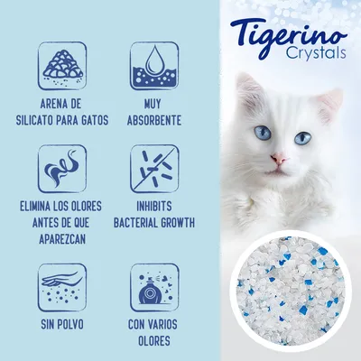 Tigerino Crystals. Arena de silicato para gatos, muy absorbente, elimina los olores antes de que aparezcan, inhibe el crecimiento bacteriano, sin polvo, con varios olores.