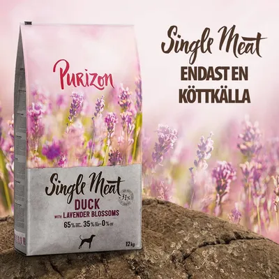 Purizon Single Meat Duck with Lavender Blossoms, 12 kg. Text: Endast en köttkälla, 65 % kött, 35 % grönsaker, 0 % spannmål. Bild på förpackning med lavendelmotiv.