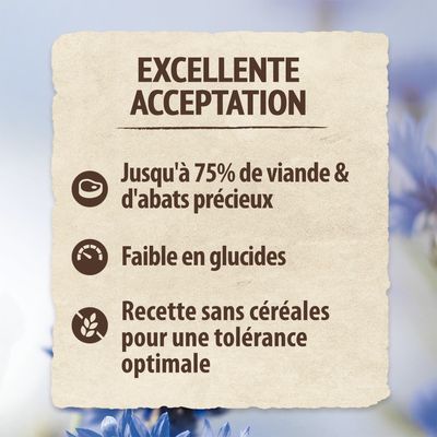 EXCELLENTE ACCEPTATION. Jusqu'à 75% de viande & d'abats précieux. Faible en glucides. Recette sans céréales pour une tolérance optimale.