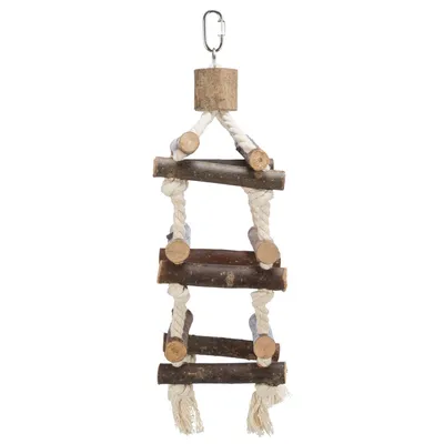 Échelle suspendue en bois et corde avec mousqueton métallique, composée de quatre barreaux en branches naturelles reliés par des cordes torsadées blanches.