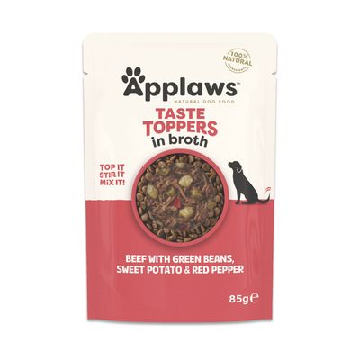 Applaws Taste Toppers i bouillon, Oksekød med grønne bønner, sød kartoffel & rød peber, 85 g, 100% naturlige ingredienser. Top det, rør det, bland det.