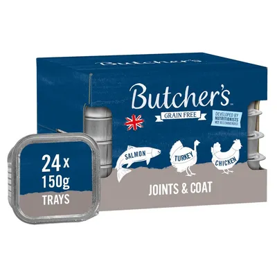 Box of 24 x 150g grain free trays with salmon, turkey and chicken. Labelled for joints and coat. Developed by nutritionists, vet recommended. Box of 24 x 150g grain free trays with salmon, turkey and chicken. Labelled for joints and coat. Developed by nutritionists, vet recommended.