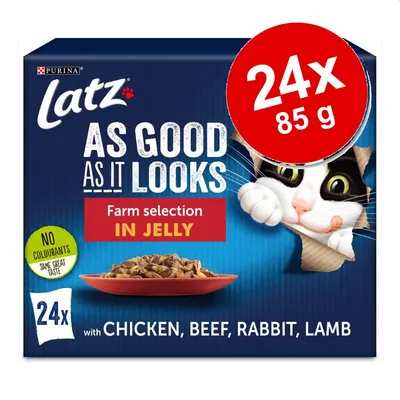 Purina Latz As Good As It Looks Farm selection in jelly, 24 x 85 g. Kanalla, naudalla, kanilla ja lampaanlihalla. Ei väriaineita. Englanninkielinen pakkausteksti.