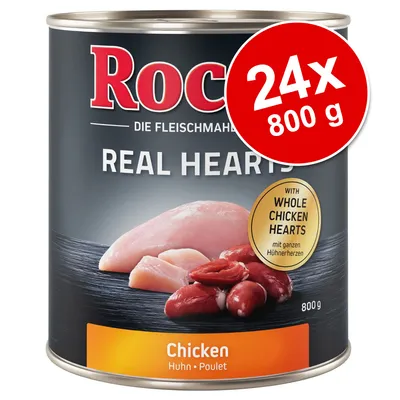Rocco Real Hearts Chicken, burk med kyckling och hjärtan. Text: 24x 800 g, with whole chicken hearts, 800 g, Chicken Huhn Poulet.
