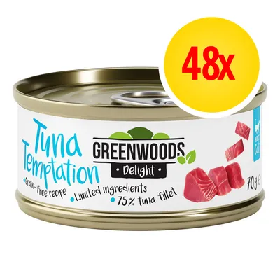 Scatoletta Greenwoods Delight Tuna Temptation 70g, ricetta senza cereali, ingredienti limitati, 75% filetto di tonno. Confezione da 48 pezzi visibile sull'immagine.