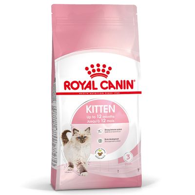 ROYAL CANIN KITTEN, up to 12 months, strong immune defence, brain development, with antioxidants, image of a cat on the packaging.