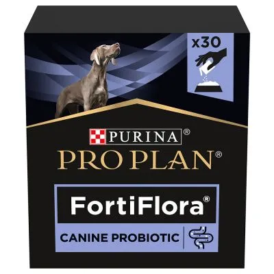 Confezione Purina Pro Plan FortiFlora Canine Probiotic, x30 bustine, immagine di cane e simbolo mano che versa polvere su cibo. Testo in inglese visibile sulla confezione.