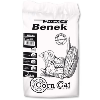 Benek Corn Cat kattenbakvulling, 22 kg, natural, GMO free, klontvormend, absorbeert geuren, 100% natuurlijk. Illustratie van kat en maïskolf op de verpakking.