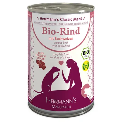 Herrmann's Classic Menü Bio-Rind mit Buchweizen, complete food for dogs of all ages, extra Fleischstücke, BIO-keurmerk zichtbaar op blik.