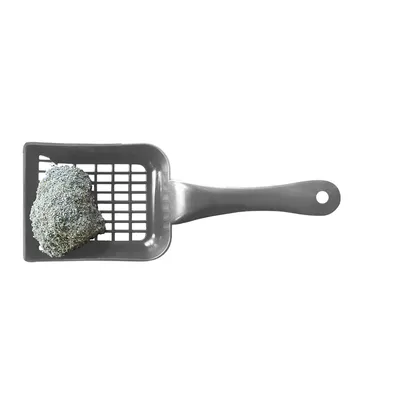 Pelle à litière en plastique gris avec un amas de litière agglomérée dans le tamis.