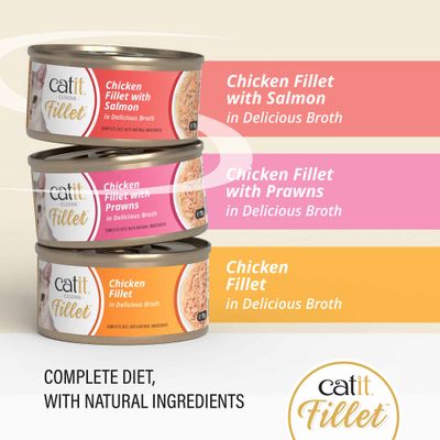 catit Fillet cans: Chicken Fillet with Salmon, Chicken Fillet with Prawns, Chicken Fillet in Delicious Broth. Complete diet, with natural ingredients.