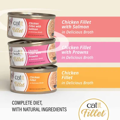 catit Fillet κονσέρβες: Φιλέτο κοτόπουλο με σολομό, φιλέτο κοτόπουλο με γαρίδες, φιλέτο κοτόπουλο σε delicious ζωμό. Πλήρης διατροφή, με φυσικά συστατικά.