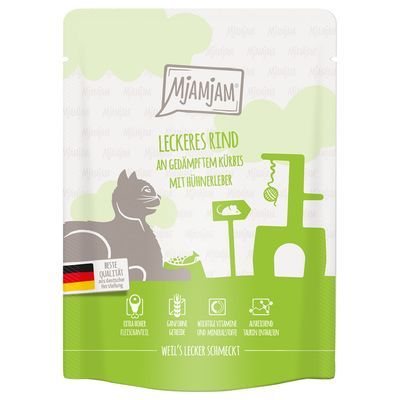 Mjamjam Leckeres Rind an gedämpftem Kürbis mit Hühnerleber kattenvoer, Duitse vlag met tekst Beste Qualität, pictogrammen voor vleesgehalte, granenvrij, mineralen en taurine.