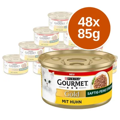 PURINA Gourmet Gold MIT HUHN, balení 48×85 g konzerv pro kočky, na etiketě obrázek bílé kočky a kuřecího masa, nápis SAFTIG-FEINE STREIFEN. PURINA Gourmet Gold MIT HUHN, balení 48×85 g konzerv pro kočky, na etiketě obrázek bílé kočky a kuřecího masa, nápis SAFTIG-FEINE STREIFEN.