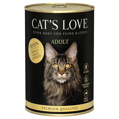 Cat's Love Adult krmivo pro kočky s kuřecím, 92 % kuřecího, bezobilná receptura, prémiová kvalita, vyrobeno v Rakousku.
