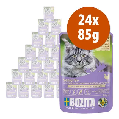 Confezione multipla Bozita Senior 8+ per gatti, 24 buste da 85 g ciascuna, con pollo extra. Testo visibile: grain free, hairball control, adatto a gatti sterilizzati. Marchio Bozita.