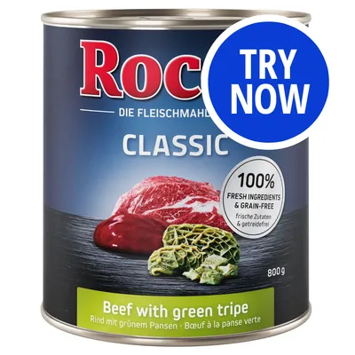 Button with text 'Try Now' on a can labelled 'Beef with green tripe', 100% fresh ingredients and grain-free, 800g.