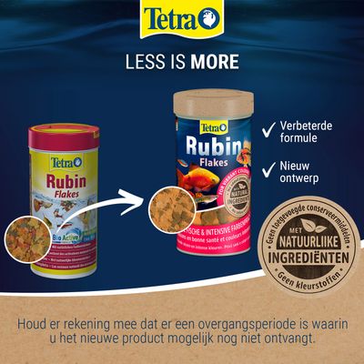 Tetra Rubin Flakes oud en nieuw design, verbeterde formule, nieuw verpakkingsdesign, met natuurlijke ingrediënten, geen toegevoegde conserveermiddelen of kleurstoffen.