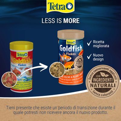 Tetra Goldfish Flakes Cambio del prodotto: nuovo design, ricetta migliorata, con componenti naturali, senza aggiunta di conservanti e coloranti.