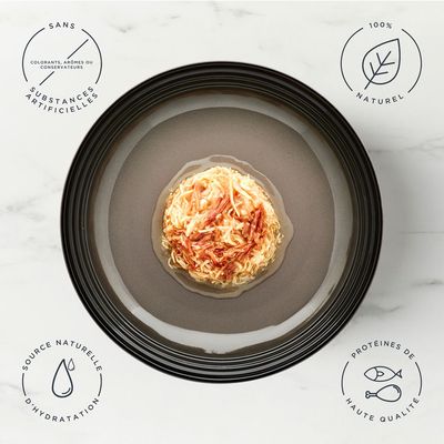 Boîte de sachets pour chien encore Meat Selection, 5 x 100 g. Ingrédients 100 % naturels. Variétés : 2x poulet, 2x poulet et bœuf, 1x poulet et agneau. Texte en anglais.