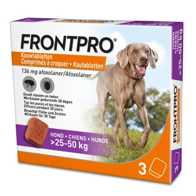 FRONTPRO kauwtabletten voor honden 25–50 kg, 136 mg afoxolaner, doodt vlooien en teken, werkzaam 30 dagen, verpakking met 3 tabletten zichtbaar op de doos.