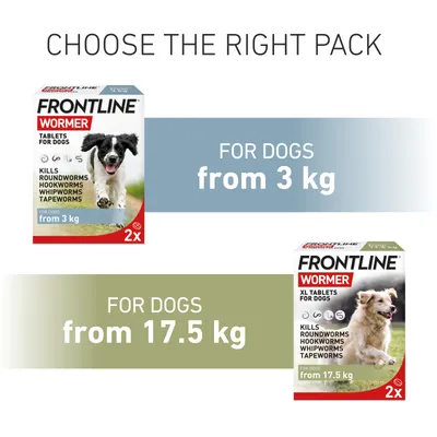 Frontline Wormer tablets for dogs available in two packs: one for dogs from 3 kg, and one for dogs from 17.5 kg. Both kill roundworms, hookworms, whipworms, tapeworms.
