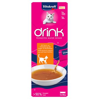 Vitakraft drink for cats, promotes water intake, with taurine to support eye and heart function, over 90% liquid, no sugar, no milk, Made in Germany.