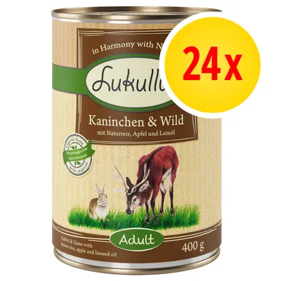 Boîte Lukullus Kaninchen & Wild Adult 400 g, lot de 24. Texte visible : in Harmony with Nature, mit Naturreis, Apfel und Leinöl, original taste, Ursprünglicher Geschmack, Rabbit & Game with brown rice, apple and linseed oil.