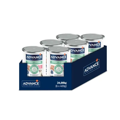 Advance Veterinary Diets Hypoallergenic υγρή τροφή για σκύλους, 6 κονσέρβες των 400g, συνολικό βάρος 2,4kg. Για σκύλους με τροφικές δυσανεξίες.