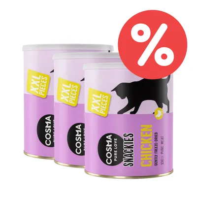 Cosma Snackies Chicken XXL Pieces, suavemente liofilizado, 100% carne pura. Tres botes con símbolo de descuento visibles.