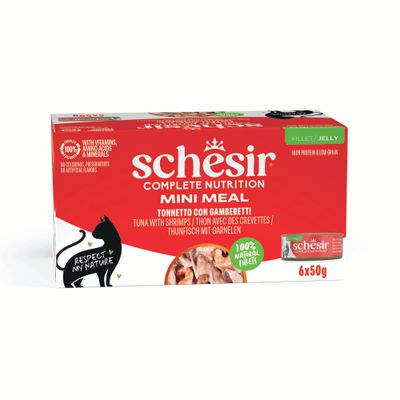 Schesir Mini Meal dla dorosłych kotów, tuńczyk w galarecie, 6x50g, 100% naturalne filety, z dodatkiem witamin.