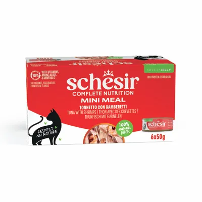 Schesir Complete Nutrition Filet en gelée 6 x 50 g en boîtes - thon avec des crevettes