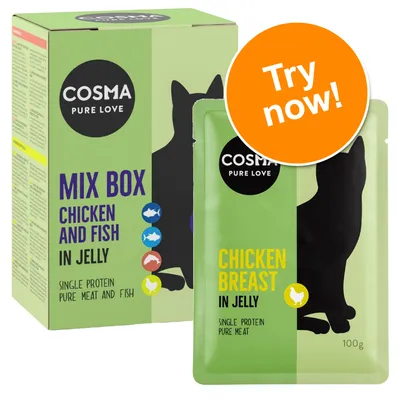 COSMA Pure Love Mix Box Chicken and Fish in Jelly, Single Protein Pure Meat and Fish. Pouch: Chicken Breast in Jelly, Single Protein Pure Meat, 100g. Orange badge: Try now!