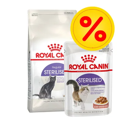 Royal Canin Sterilised kattenvoer, droog- en natvoer verpakking met afbeelding van katten en groot procentteken voor aanbieding.