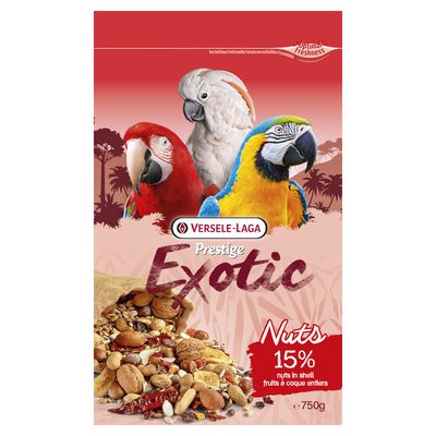 Versele-Laga Prestige Exotic, pähkinöitä 15 % kuorineen, e750 g. Täydellinen tuoreus. Papukaijojen kuva sekä sekoitus pähkinöitä ja hedelmiä.