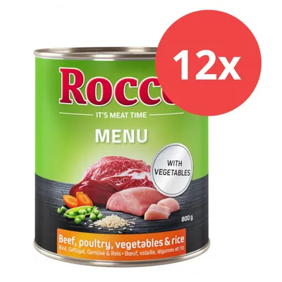 Rocco Menu Dose, 800g, mit Rind, Geflügel, Gemüse und Reis. Hinweis: 12x Packung. Text: 'With Vegetables'.