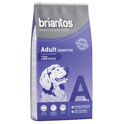 Briantos Premium Dog Food Adult Sensitive Tender Lamb & Rice, 14 kg. Pakkauksessa koiran kuva ja merkinnät: tasapainoinen ravinto, korkea siedettävyys, kiiltävä turkki, korkea lampaan määrä.