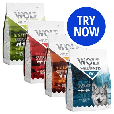 Four bags of Wolf of Wilderness Soft pet food in different flavours, each labelled as 100% grain-free recipe with fresh meat and sweet potato. Blue circle with text: Try Now.