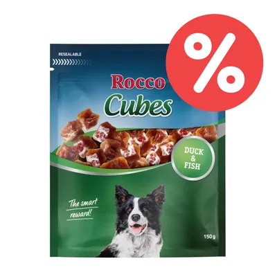Rocco Cubes Duck & Fish, 150g. Hundesnacks in wiederverschliessbarer Verpackung mit Rabatt-Symbol.