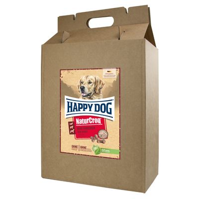 Happy Dog NaturCroq Mini Knochen -koiranherkut, ruskea pahvipakkaus, etiketissä koiran kuva ja tekstit: OHNE, NATURAL LIFESTYLE, MINI KNOCHEN, ilman keinotekoisia lisäaineita.