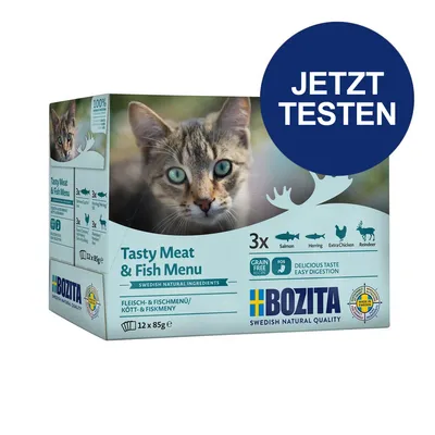 Bozita Tasty Meat & Fish Menu, 12x85g. Zutaten: Lachs, Hering, Hühnchen, Rentier. Getreidefrei, leicht verdaulich. Jetzt testen.