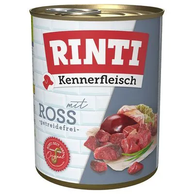 Blik Rinti Kennerfleisch mit Ross, getreidefrei. Afbeelding van rauw vlees en orgaanvlees op het etiket. Rood zegel: Rinti seit 1987 Original.