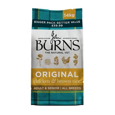 Sac de croquettes John Burns Original Chicken & Brown Rice, 12 kg, pour chiens adultes/seniors. Deux chiens illustrés sur l’emballage.