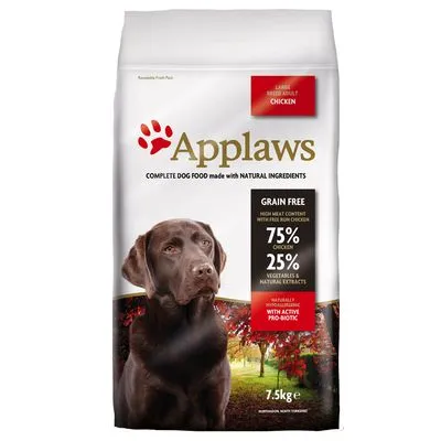 Applaws hondenvoer large breed adult chicken, 7,5 kg. Grain free, 75% kip, 25% groenten en natuurlijke extracten. Met actieve pro-biotica. Tekst in het Engels.