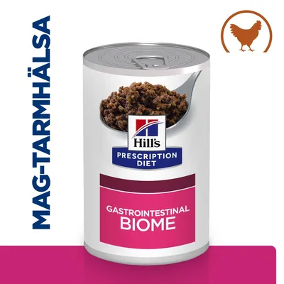 Hill's Prescription Diet Gastrointestinal Biome våtfoderburk med synlig köttblandning, texten MAG-TARMHÄLSA och en ikon av en höna uppe till höger. Hill's Prescription Diet Gastrointestinal Biome våtfoderburk med synlig köttblandning, texten MAG-TARMHÄLSA och en ikon av en höna uppe till höger.