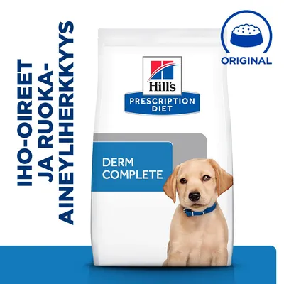 Hill's Prescription Diet Derm Complete -koiranruokapakkaus, teksti: Iho-oireet ja ruoka-aineyliherkkyys. Original-merkintä yläkulmassa.