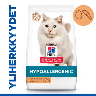 Hill's Science Plan HYPOALLERGENIC kissanruoka, EGGS & INSECT PROTEIN, pakkaus. Teksti: YLIHERKKYYDET. Kuvakkeet: muna ja hyönteinen, viljaton-merkki.